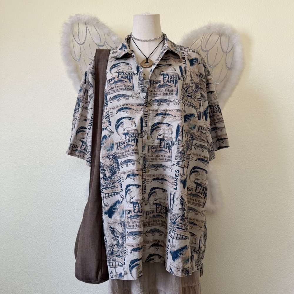 Indie Grunge Granola Girl Tan Fish Print Short Sleeve Button‎ Up Shirt Dad Funky